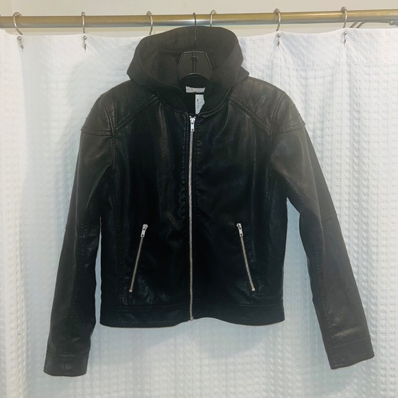 NWT H&M vegan leather cafe racer jacket w/removable hood - Picture 1 of 6